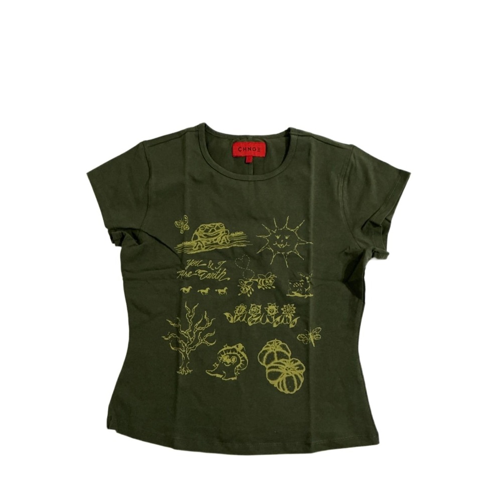 CHNGE You & I Are Earth Mini Tee Womens L Olive Green Baby Tee Organic Cotton